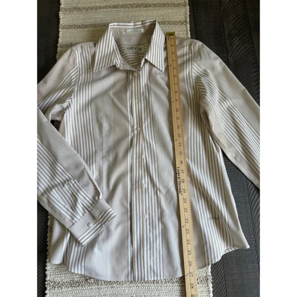 SOLD Orvis Wrinkle Free 100% Cotton Beige White Stripe Button Front Shirt Women - Picture 3 of 5
